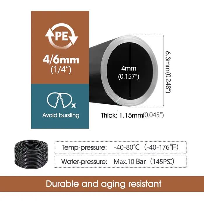 Tuyau d'irrigation goutte-à-goutte pour jardin, 1/4 ", 3/8", PE noir, OD-6mm, OD-12mm, 4/6mm, 9/12mm