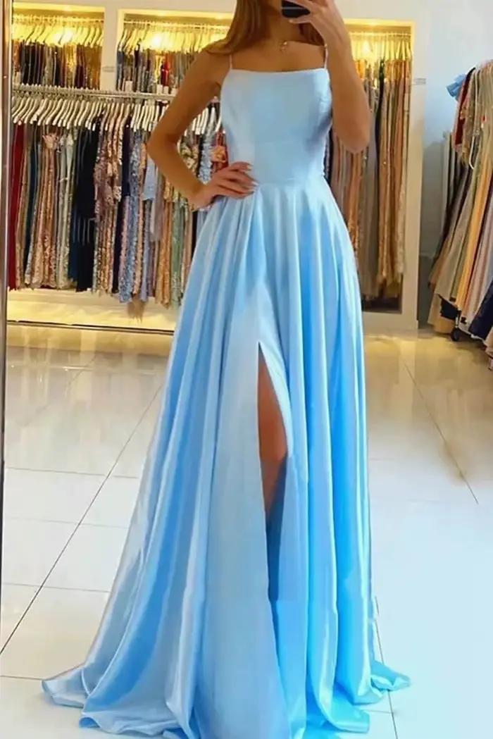 Robe de bal 2025 en satin champagne à fines bretelles, col carré, bleue, avec fente haute, robe de s