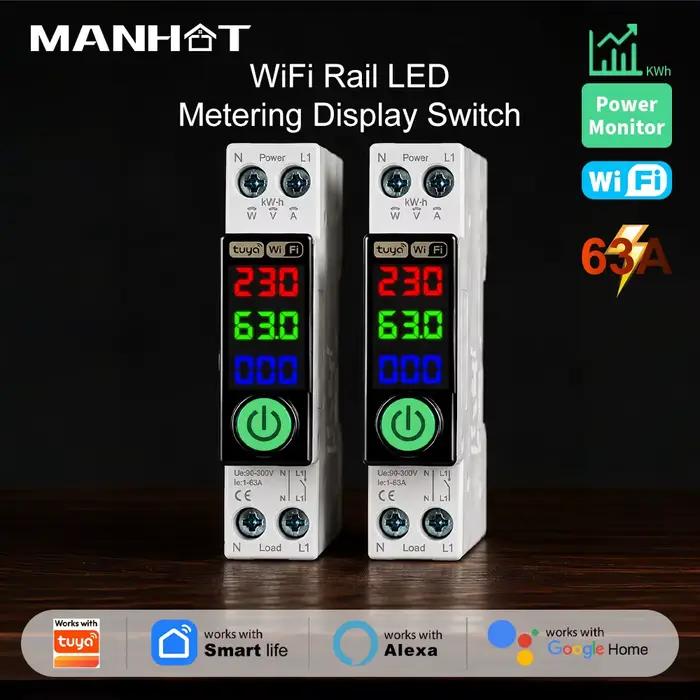 Disjoncteur intelligent WIFI Manhot avec affichage LED et mesure, 1P 63A, rail DIN, pour maison inte