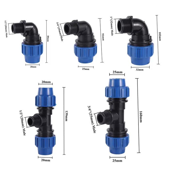 Connecteur rapide de Tube PE 20/25/32mm à 1/2 "3/4" 1 ", séparateur d'eau en t coudé mâle, coupleur 