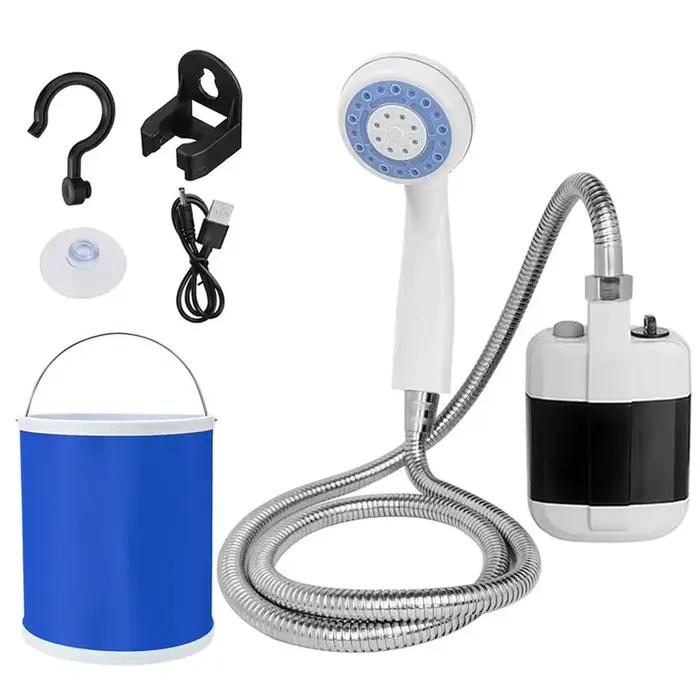 Pompe de douche extérieure avec seau de tuyau, pomme de douche de Camping sans fil Portable, pompe à