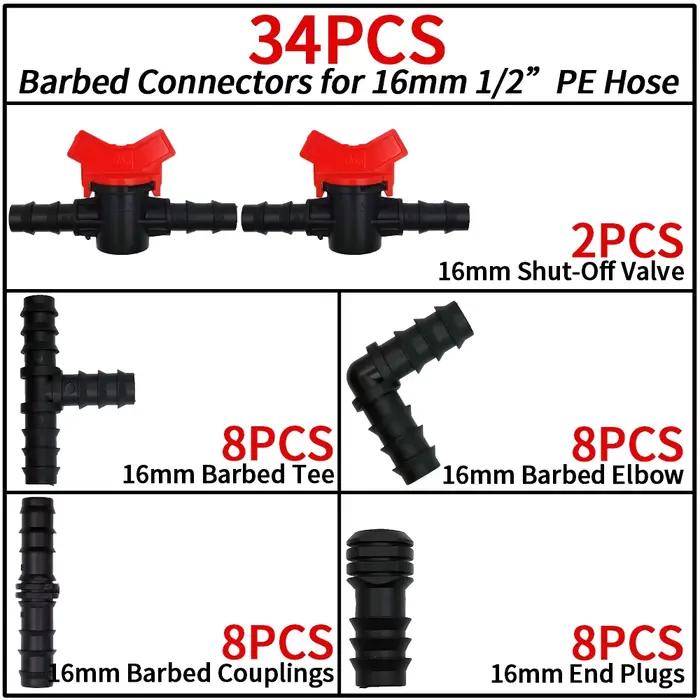 Kit de raccords d'irrigation goutte à goutte 1/2 ", 34 pièces, bouchon coudé en T droit pour tube de