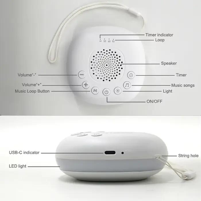 Machine à bruit blanc 2-en-1 portable USB pour bébé, 20 sons apaisants, veilleuse LED, batterie rechargeable intégrée