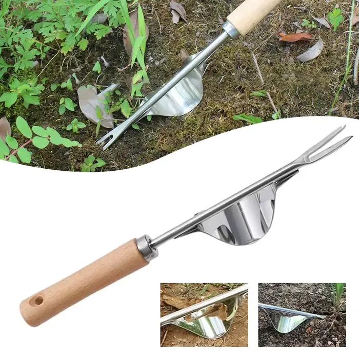 Désherbeur manuel avec fourche en forme de V, désherbeur de pelouse de jardin à long manche, extracteur de racines de jardin, outils pour l'ameublissement des sols
