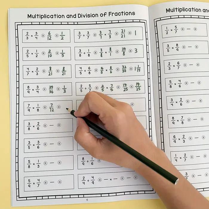 Formation sur la Multiplication et la Division des fractions de base, niveaux de l'école primaire de 3 à 5 ans, ressources pour enseignants de mathématiques, cahier d'exercices de mathématiques