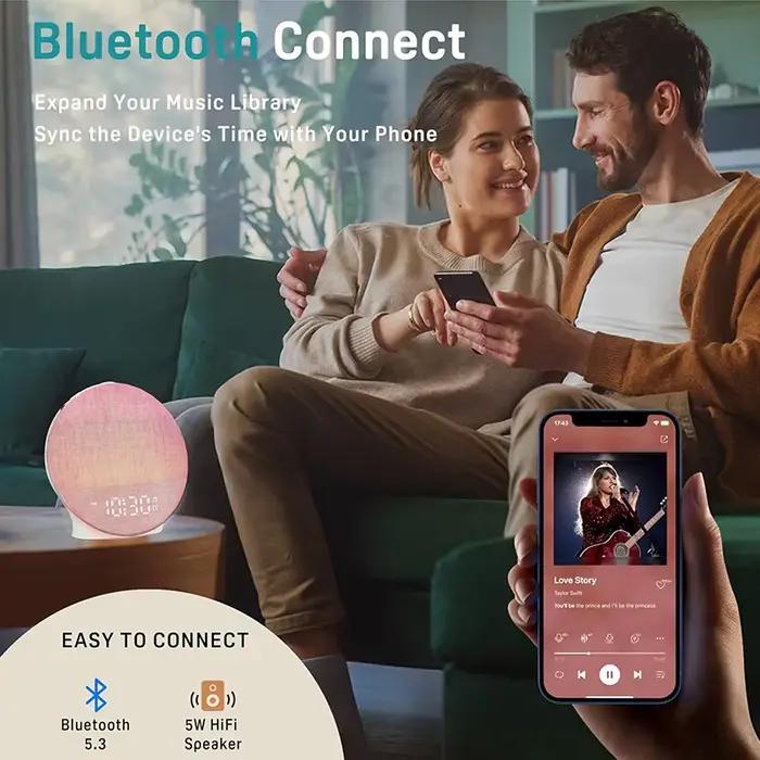 Réveil lumineux avec simulation d'aube, machine à bruit blanc, haut-parleur Bluetooth et veilleuse colorée pour chambre à coucher – Cadeau idéal