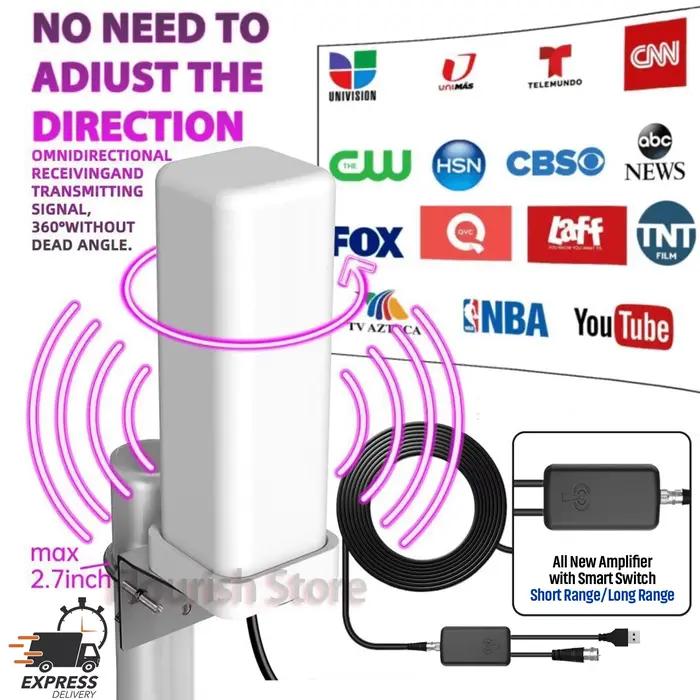 Antenne TV HDTV 6000 Miles 1080P Extérieure HD 8K HD 1080P Numérique 360° °   Amplificateur de signal 35DBI et câble de 32,8 pieds IP66