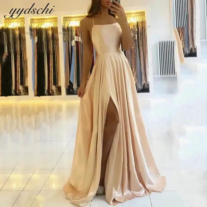 Robe de bal 2025 en satin champagne à fines bretelles, col carré, bleue, avec fente haute, robe de soirée sexy, robe de bal rose, Vestido De Gala