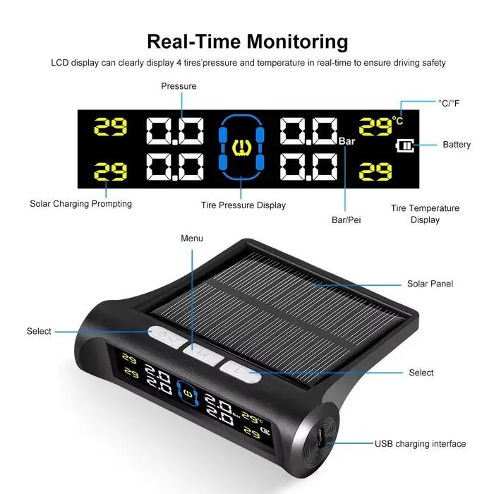 Système de surveillance de la pression des pneus solaire TPMS Intelligent, capteurs de stationnement pour température des voitures, jauge de pression de l'air des pneus