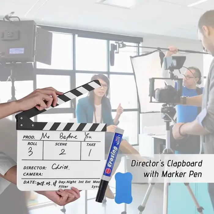 Tableau de claquage professionnel en acrylique effaçable à sec pour réalisateur de films et de séries TV, avec stylo et gomme
