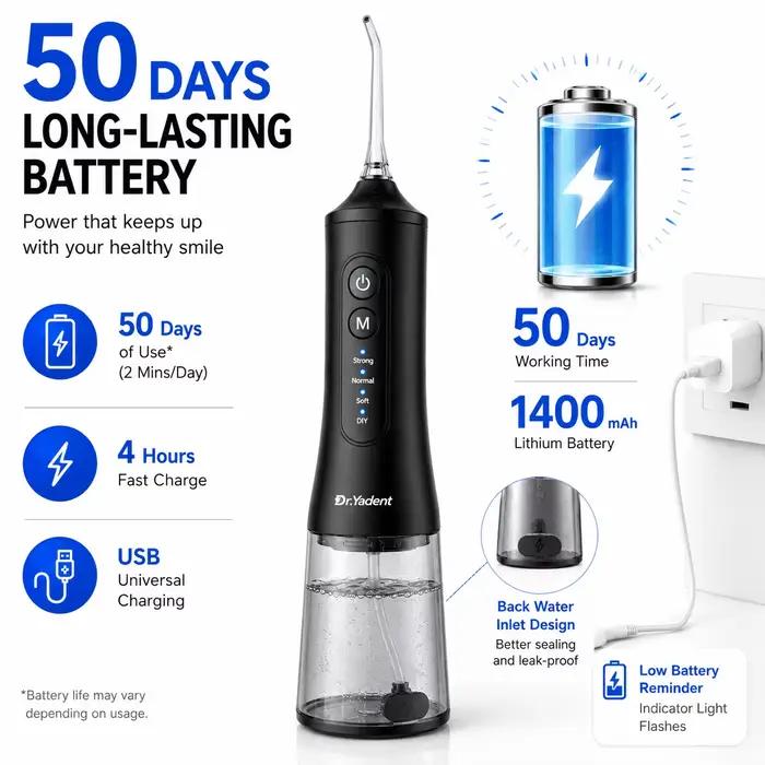 Hydropulseur buccal Dr Yadent pour adultes, IPX7, 300 ml, nettoyeur dentaire portable avec 4 modes, 7 buses, Type-C, soins bucco-dentaires