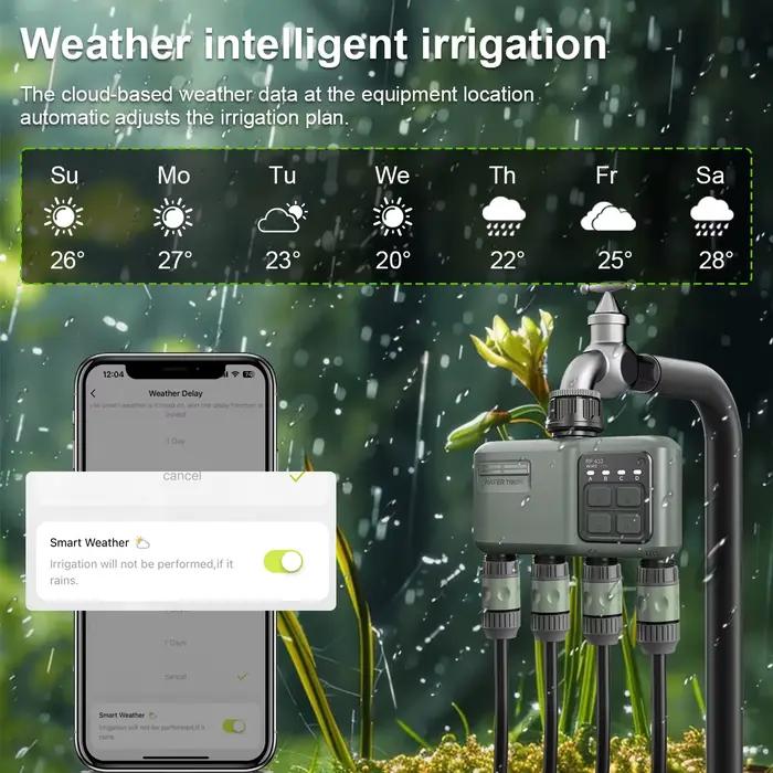 Programmateur d'arrosage intelligent avec contrôle à distance et gestion vocale pour jardin, système d'irrigation automatique à retard de pluie et quatre sorties indépendantes