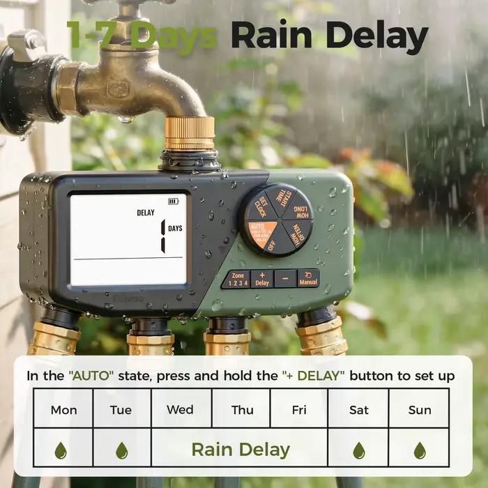 Minuteur d'arrosage de jardin Diivoo 4 zones avec entrée en laiton, étanche IP68, grand écran, programmable, pour l'irrigation automatique de la cour