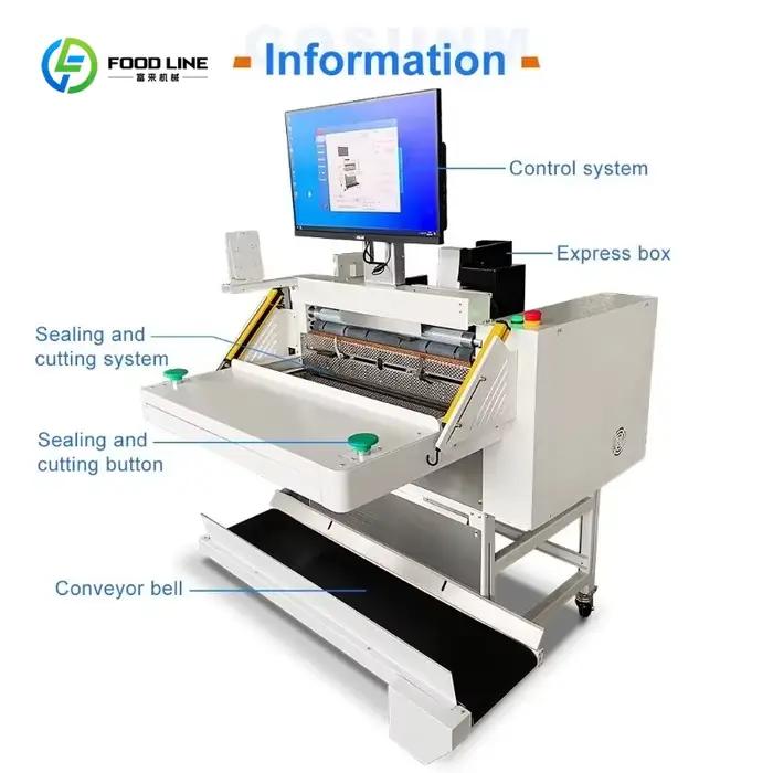 Machine d'emballage et d'impression de sacs express intelligents pour le commerce électronique, personnalisée et automatique, avec scanner et imprimante d'étiquettes