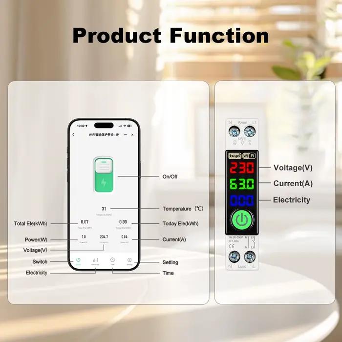 Disjoncteur intelligent WIFI Manhot avec affichage LED et mesure