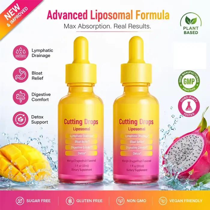 Cutting Drops, Gouttes Liposomales à Base de Plantes pour le Soutien Lymphatique, le Confort Digestif et le Soulagement Occasionnel des Ballonnements, Mangue Dragon Fruit