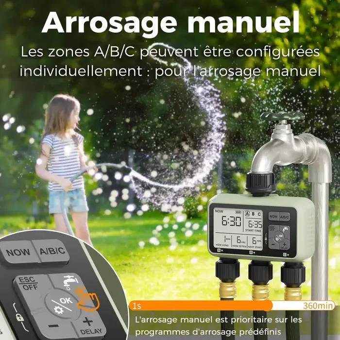 Diivoo minuterie d'eau de jardin minuterie d'irrigation automatique Programmable à 3 zones avec retard de pluie arrosage manuel/Mode automatique pour cour de pelouse