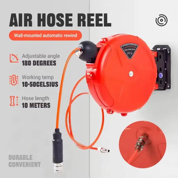 Enrouleur de tuyau à rembobinage automatique robuste de 10m avec bobine de montage mural Compatible eau/air à coupleur rapide pour industriel et Commercial