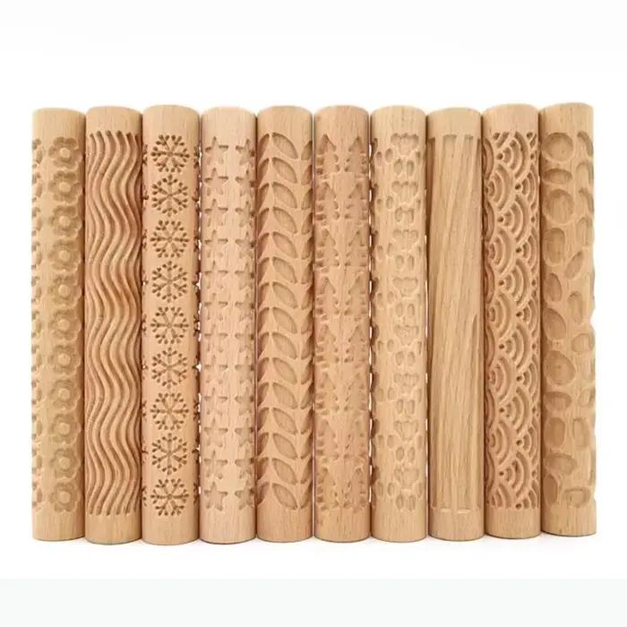 Rouleaux à motifs de modélisation d'argile, rouleaux de texture en bois pour poterie d'argile, ensemble de rouleaux en argile faits à la main, flocons de neige, étoiles, vague de bois
