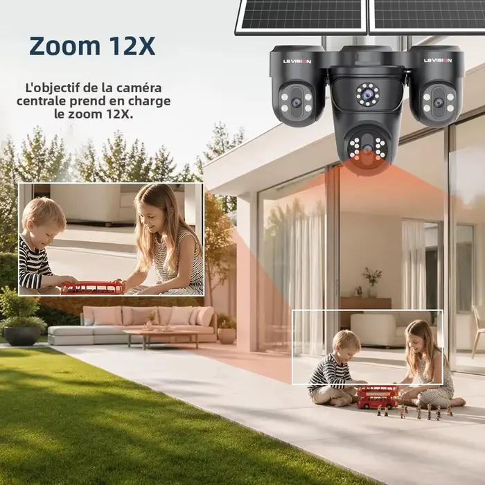 Caméra de surveillance extérieure solaire LS VISION AOV 4G SIM, 4 objectifs, zoom automatique, suivi, zoom optique 12X, caméra de sécurité CCTV, enregistrement 24/7