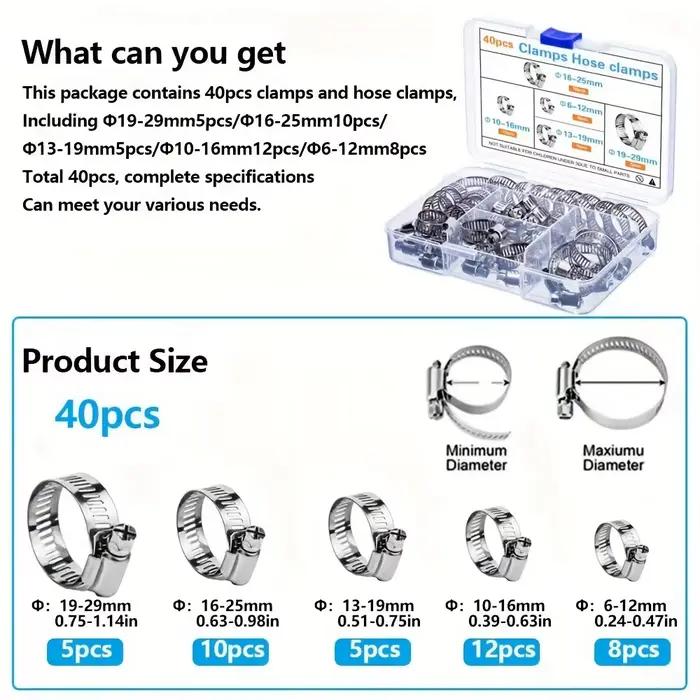 Colliers de serrage à vis sans fin pour tuyaux en acier inoxydable 40 pièces 5 tailles pour tuyaux non métalliques d'eau gaz et silicone amélioration de maison et bricolage
