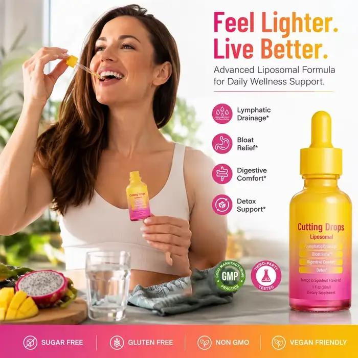 Cutting Drops, Gouttes Liposomales à Base de Plantes pour le Soutien Lymphatique, le Confort Digestif et le Soulagement Occasionnel des Ballonnements, Mangue Dragon Fruit