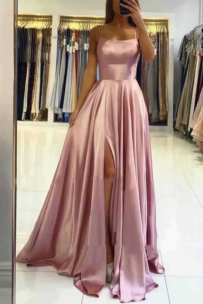 Robe de bal 2025 en satin champagne à fines bretelles, col carré, bleue, avec fente haute, robe de soirée sexy, robe de bal rose, Vestido De Gala