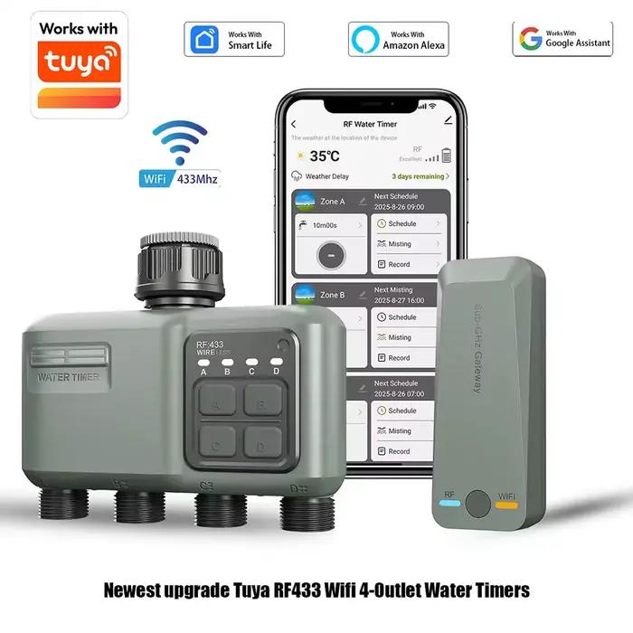 Programmateur d'arrosage intelligent avec contrôle à distance et gestion vocale pour jardin, système d'irrigation automatique à retard de pluie et quatre sorties indépendantes