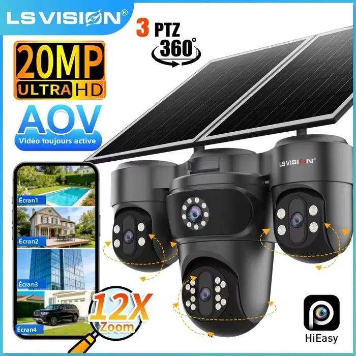 Caméra de surveillance extérieure solaire LS VISION AOV 4G SIM, 4 objectifs, zoom automatique, suivi, zoom optique 12X, caméra de sécurité CCTV, enregistrement 24/7