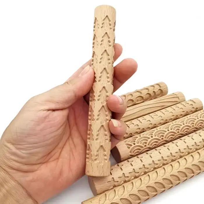 Rouleaux à motifs de modélisation d'argile, rouleaux de texture en bois pour poterie d'argile, ensemble de rouleaux en argile faits à la main, flocons de neige, étoiles, vague de bois