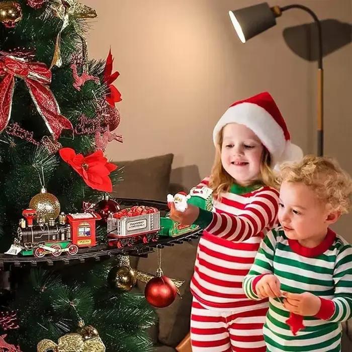 [Nouveau] Série de Noël Piste de train Piste à vapeur électrique Modèle de train Lumières Cadeaux de vacances pour enfants Musique Ensemble de train du Père Noël ;