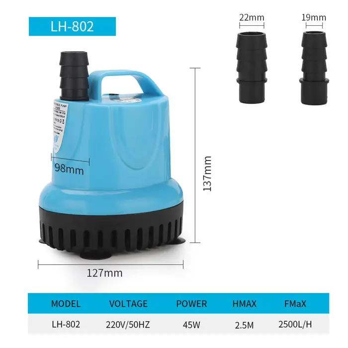 Pompe submersible LH-802 45W pour aquariums et étangs avec protection contre les brûlures à sec et choix de couleurs argento-cyan-or