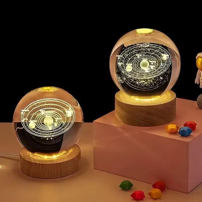 Boule de Clip 3D à LED avec Base en Bois Gravée au Laser, Veilleuse Chaude, Système Solaire, Globe Galaxy, Cadeau d'Anniversaire, Décoration de Maison et de Bureau