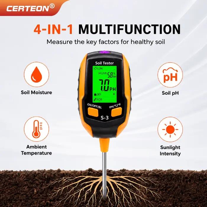Testeur de Sol 4 en 1 5 en 1 6 en 1 pH Humidité Température Lumière Compteur Numérique Outil Jardinage Haute Précision