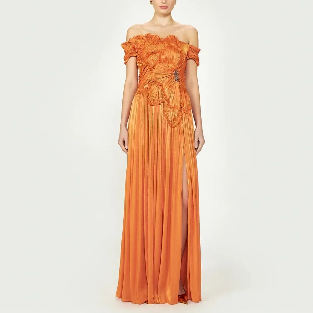 Robe de soirée Orange, épaules dénudées, ligne A plissée, Sexy, robe de bal formelle, fente sur les 