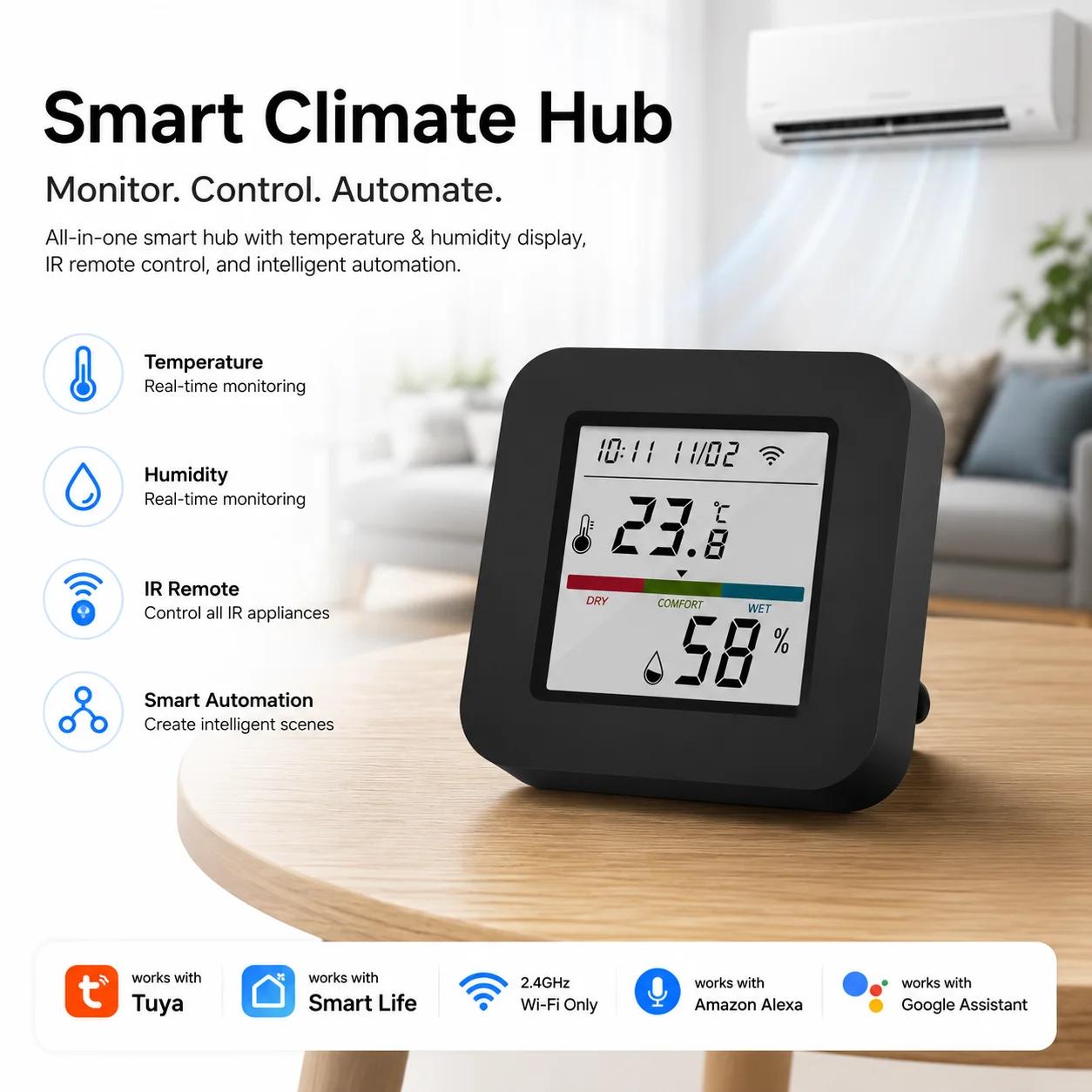 Moniteur intelligent de température et d'humidité WiFi avec écran LCD et télécommande IR, contrôleur