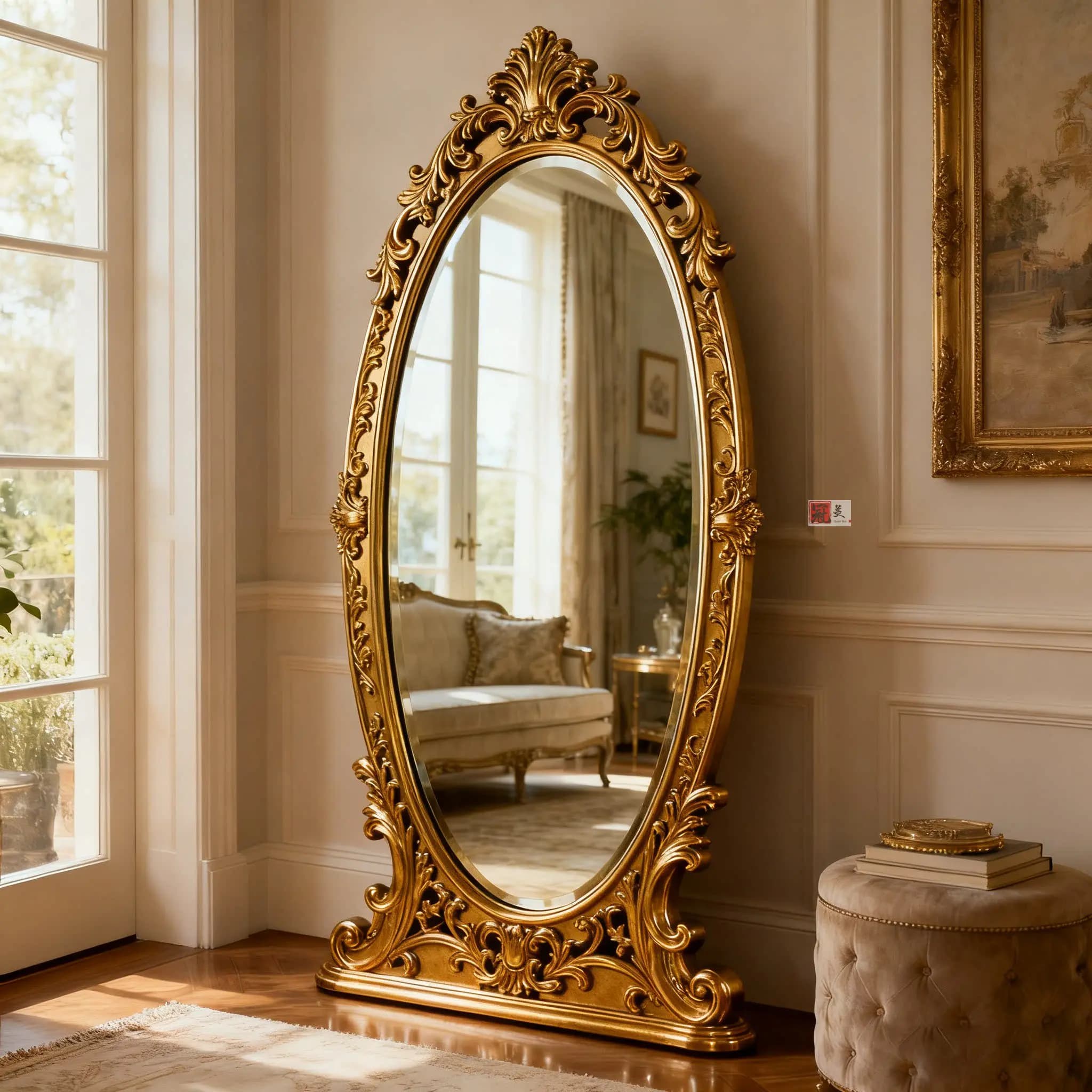 Miroir français sur pied, miroir pleine longueur fait main, style rétro américain, sculpté, du sol a