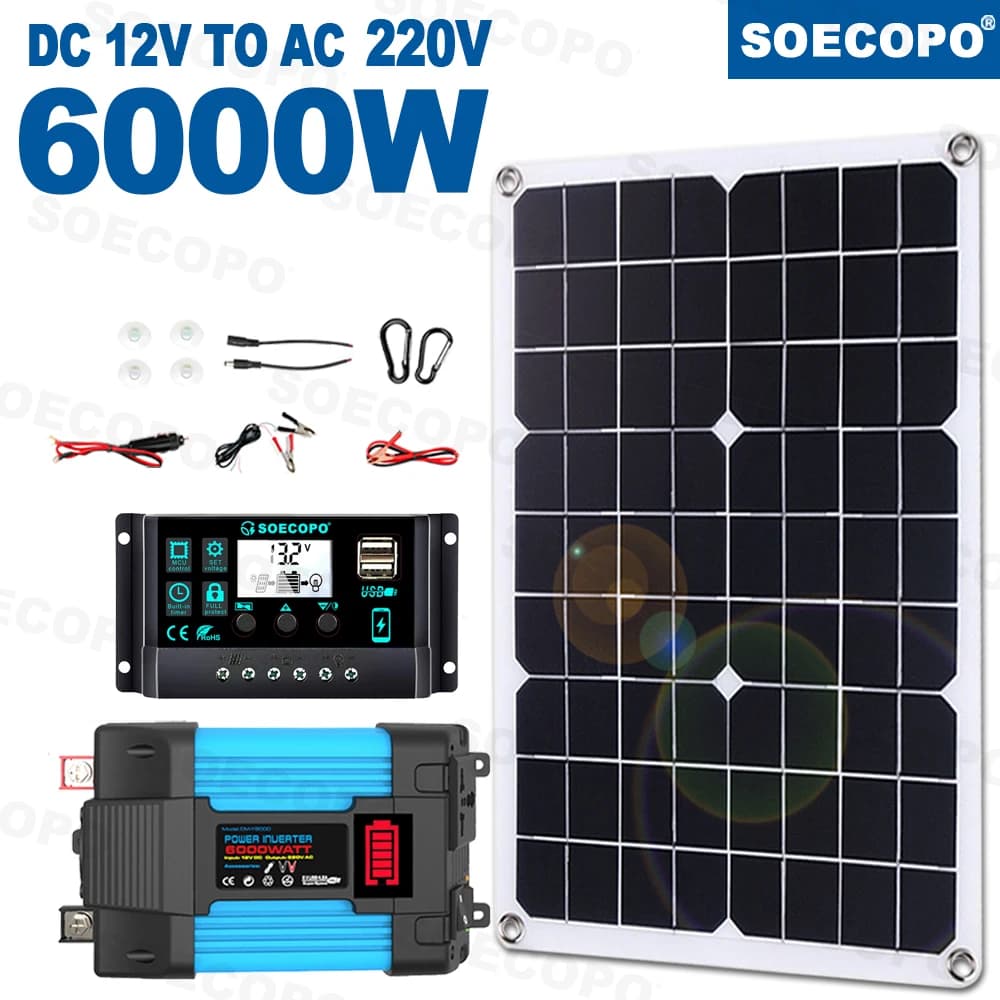 Système solaire 6000W, Kit complet 12V à 220V, contrôleur 100a, panneau 500W, générateur d'énergie s