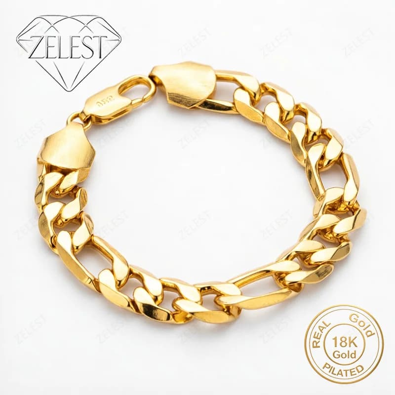 Bracelet chaîne Figaro délicat en argent sterling 925 plaqué or 18 carats, 12 mm, 8 pouces, bijoux d