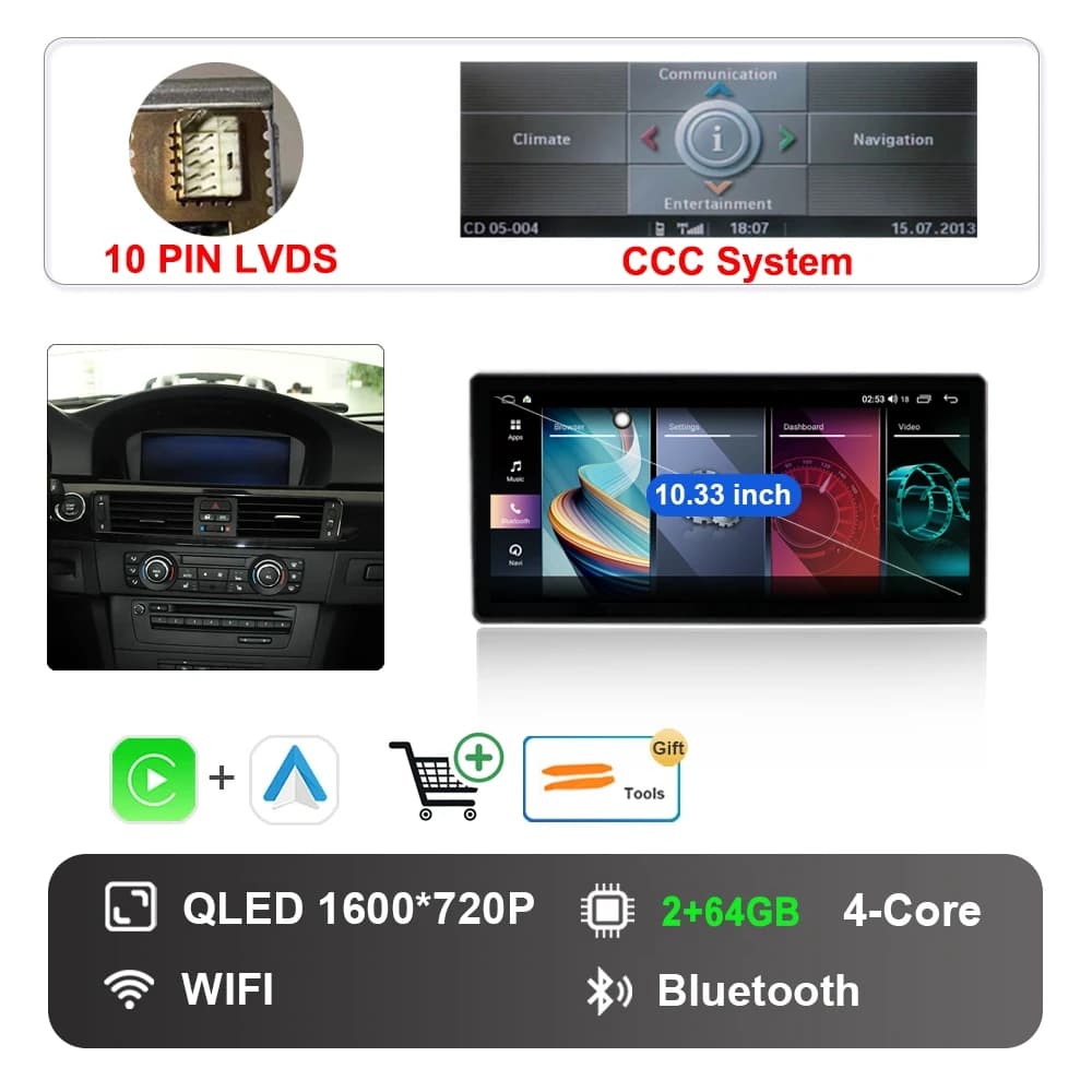 Android 14 pour BMW série 3 E90 E91 E92 2004 - 2012 système CCC CIC Carplay DSP stéréo QLED GPS auto