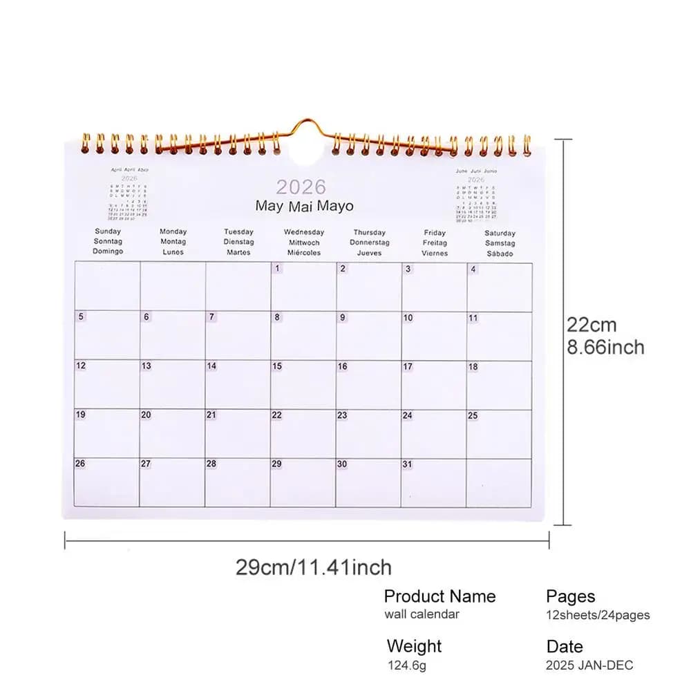 Calendrier de 2026 ans, calendrier à bobine multilingue pour mur, planificateur décoratif moderne de