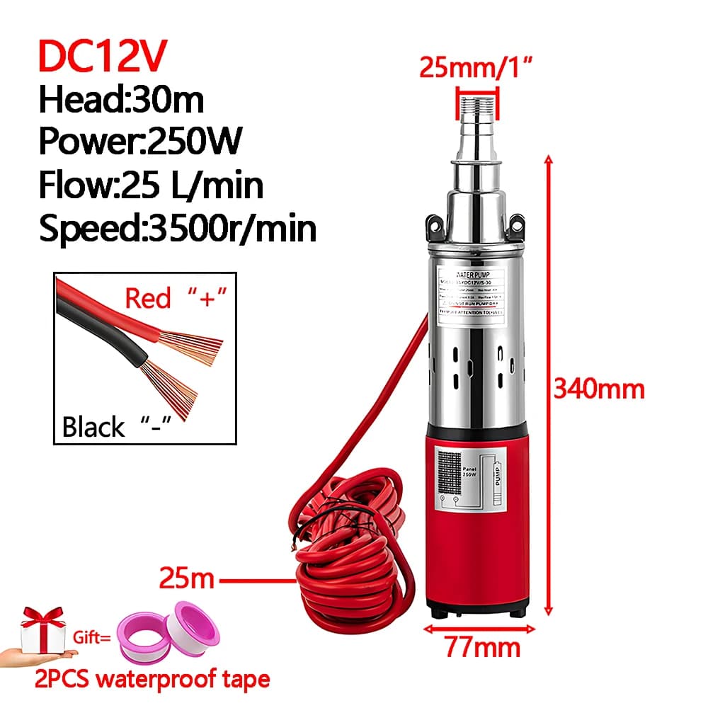 Pompe submersible portable en acier inoxydable pour puits profond, DC12/24V 250W, hauteur de refoule
