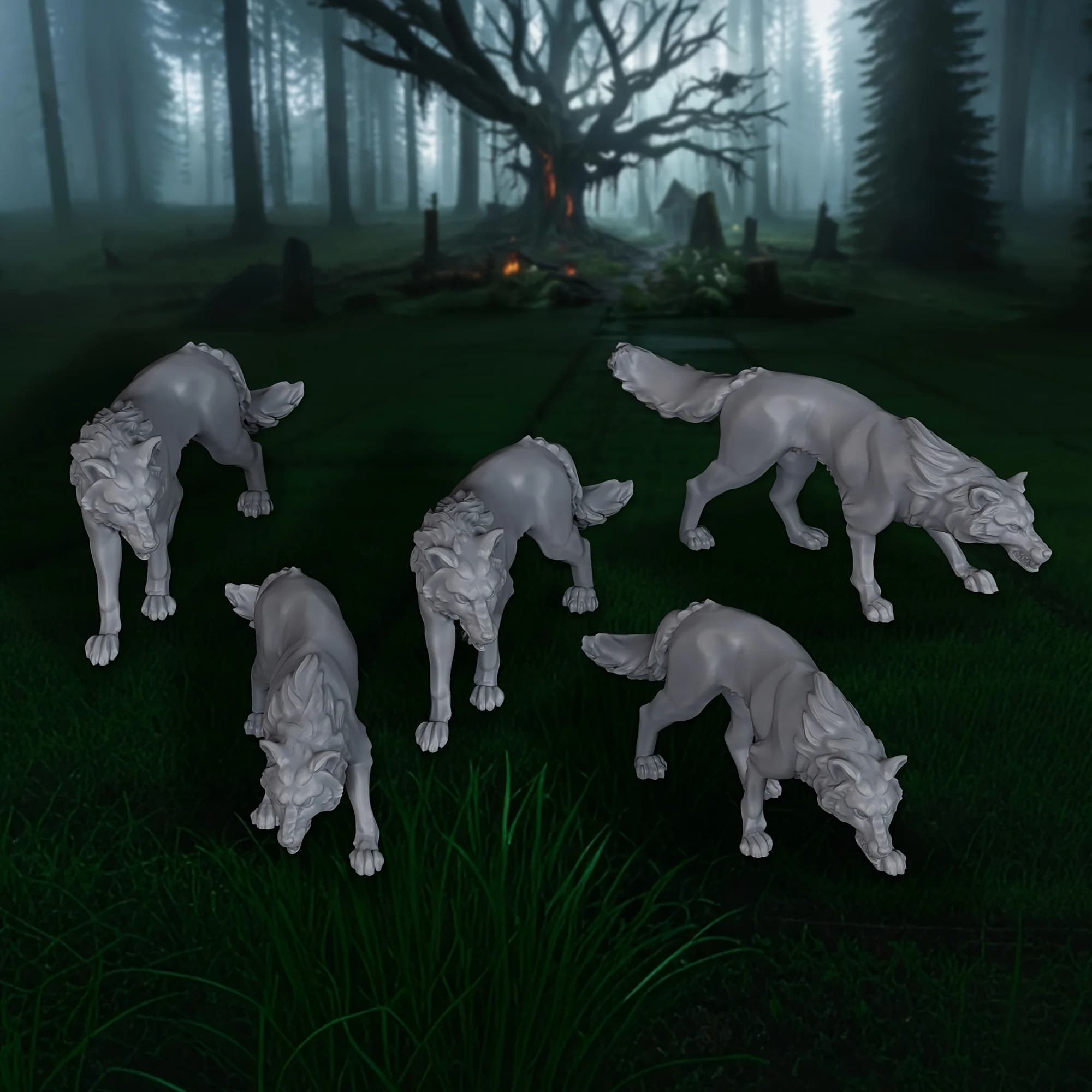 Ensemble de 5 miniatures de loups RPG, pack de loups très détaillés pour jeux de rôle sur table et décors de terrain, modèles d'animaux en résine non peints