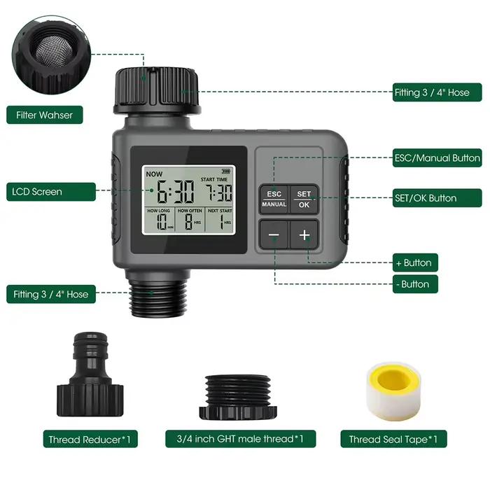Programmateur d'arrosage programmable avec fonction de report de l'arrosage en cas de pluie et commande manuelle