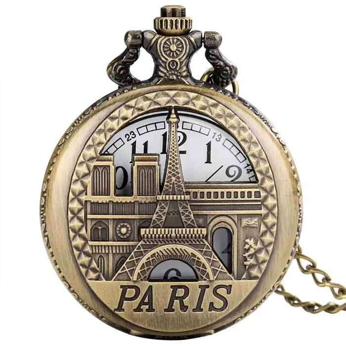 Montre de poche Steampunk Tour Eiffel Paris, mouvement à quartz analogique en bronze, avec chaîne de collier, souvenir