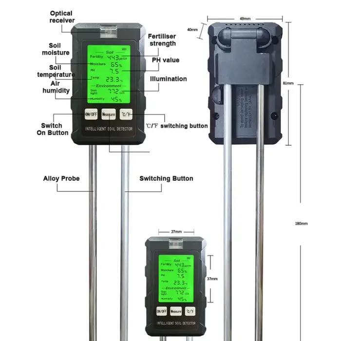 Testeur de sol multifonctionnel 6 en 1 analyseur de fertilité du sol pH température humidité luminosité soleil détecteur d'humidité air analyseur de sol pour jardinage