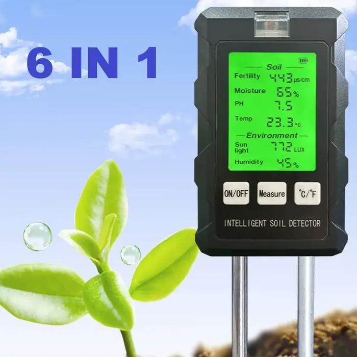Testeur de sol multifonctionnel 6 en 1 analyseur de fertilité du sol pH température humidité luminosité soleil détecteur d'humidité air analyseur de sol pour jardinage
