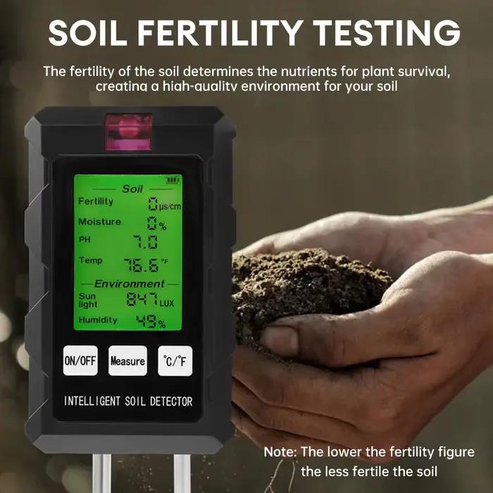 Testeur de sol numérique 6 en 1, détecteur multifonctionnel de pH du sol, humidité, fertilité, pH, t