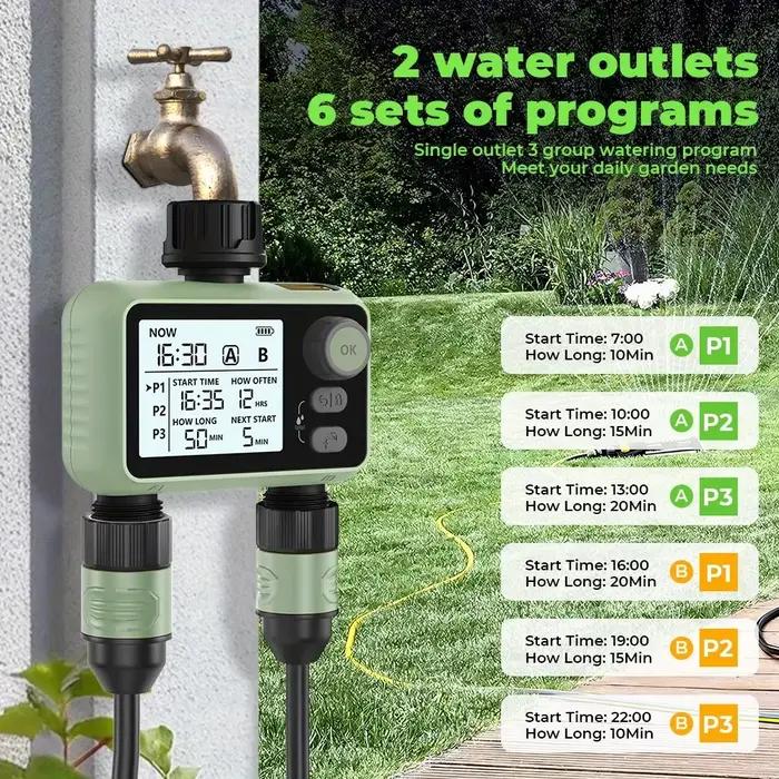 Programmateur d'arrosage de jardin Eshico HCT-376 à 2 sorties avec capteur de pluie intelligent et commande par bouton