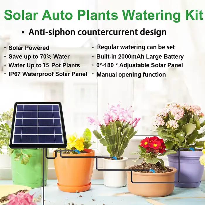 Kit de système d'irrigation goutte à goutte automatique solaire pour jardin extérieur et intérieur avec anti-siphon et modes d'arrosage manuel et automatique pour plantes vertes